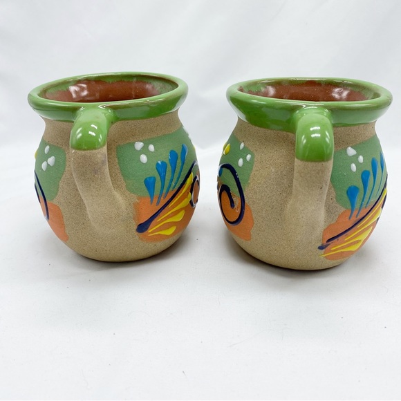 Mexican Clay Jarritos Stoneware Pottery Coffee Mugs Set of 2 NEW Swirl - Picture 4 of 6